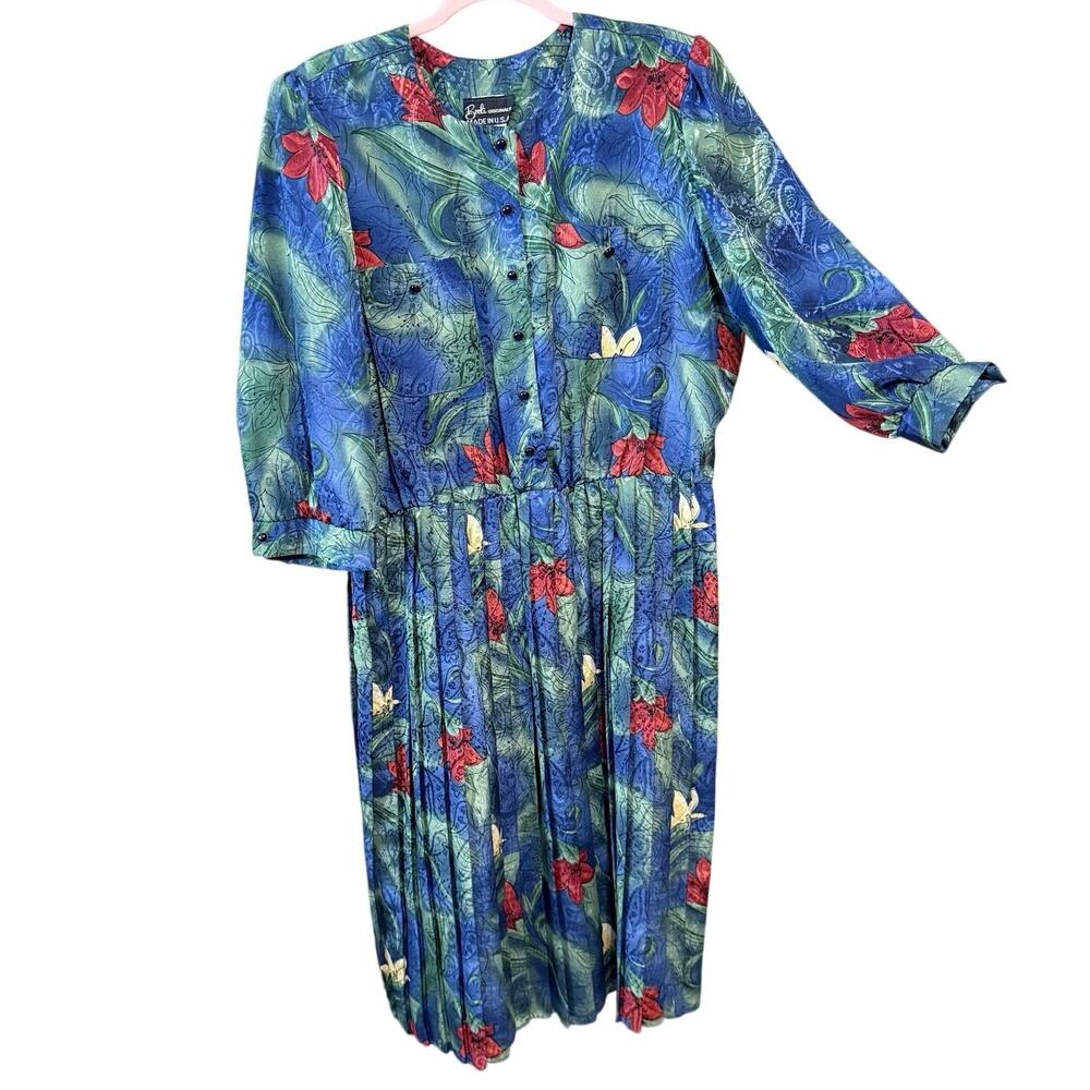 Vintage 1980s Breli originals pleated dress 16 abstract lilies union made USA
